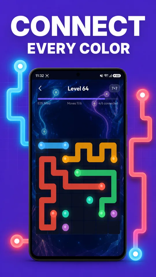 FlowD path puzzle showing colored pairs connected across a dark grid.