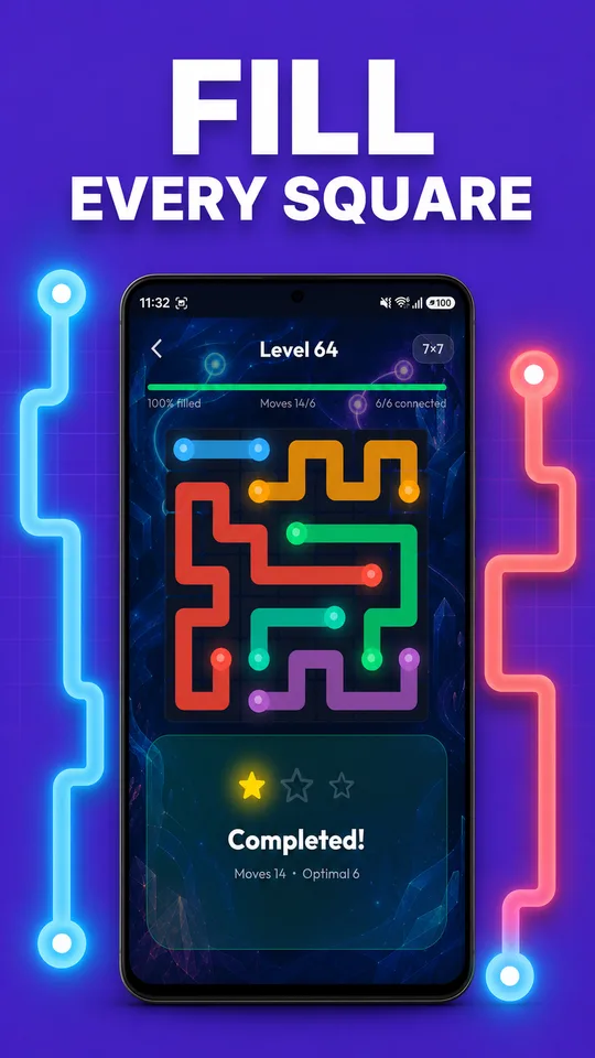 Completed FlowD board with every square filled by clean color paths.