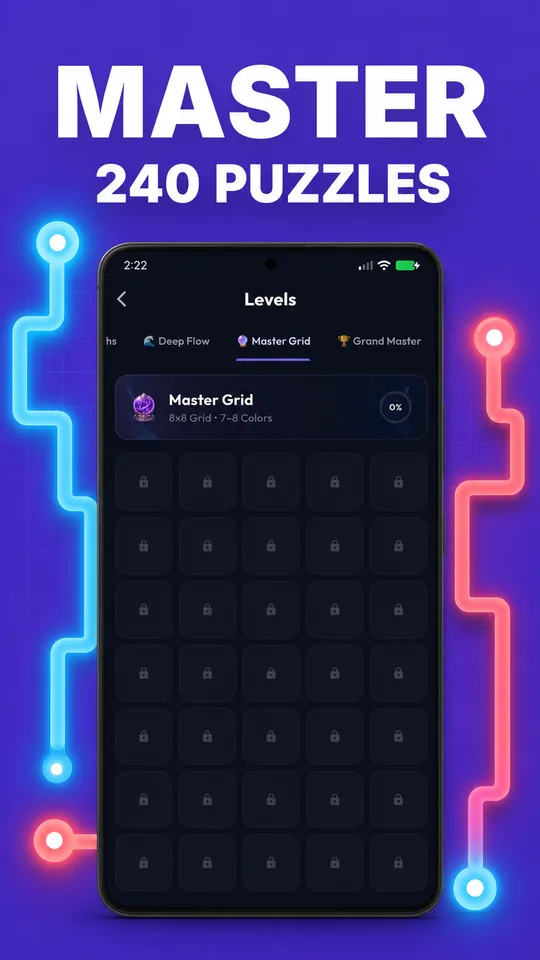 FlowD campaign selection showing its progression through 240 puzzles.