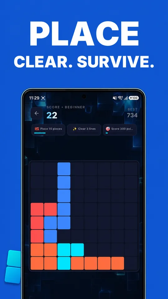 GridD endless block puzzle with three shapes ready beneath the board.