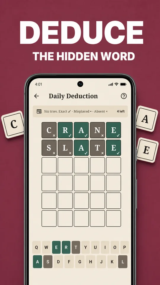 LexiD Word Deduction showing exact, misplaced, and absent clues.