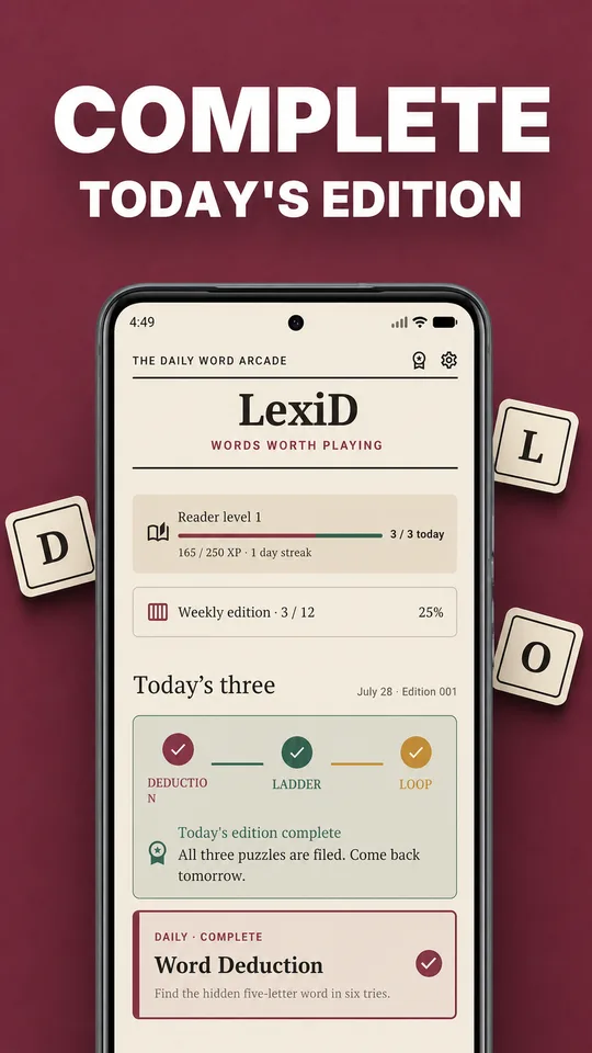 LexiD Daily Edition tracking completion across all three word desks.