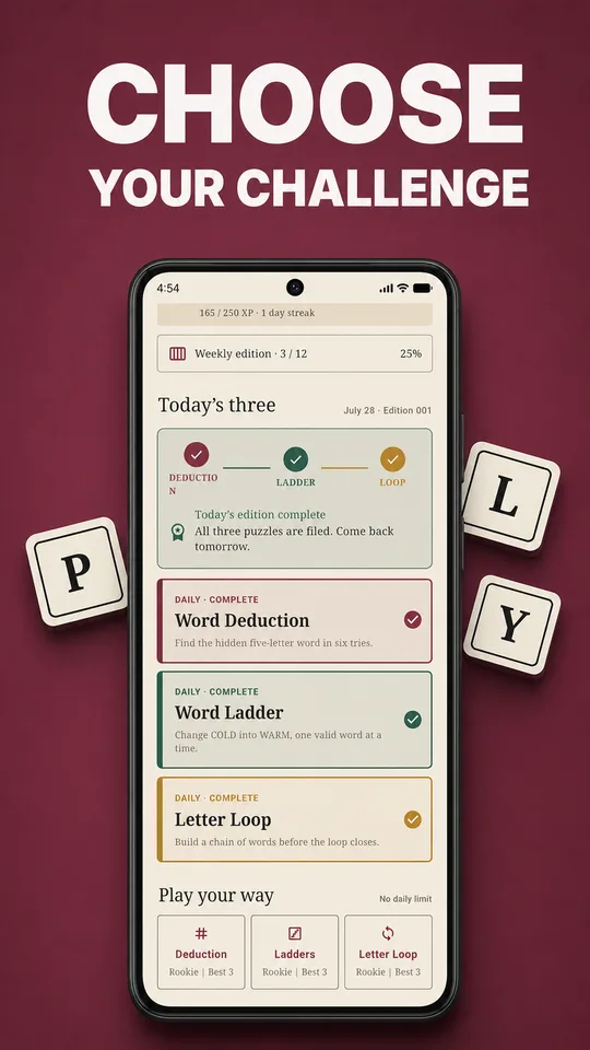 LexiD Play Your Way menu offering unlimited word-puzzle choices.