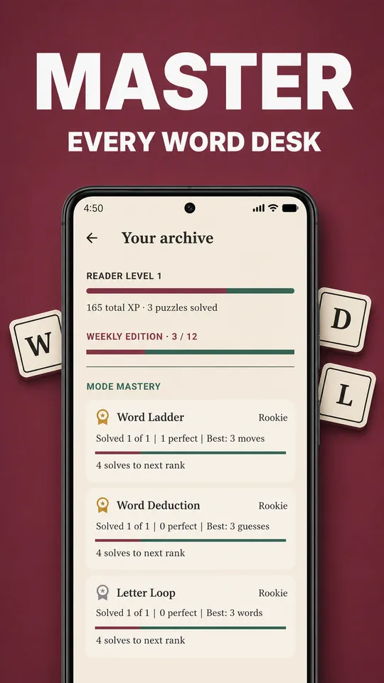 LexiD Archive showing mastery ranks, medals, achievements, and XP.