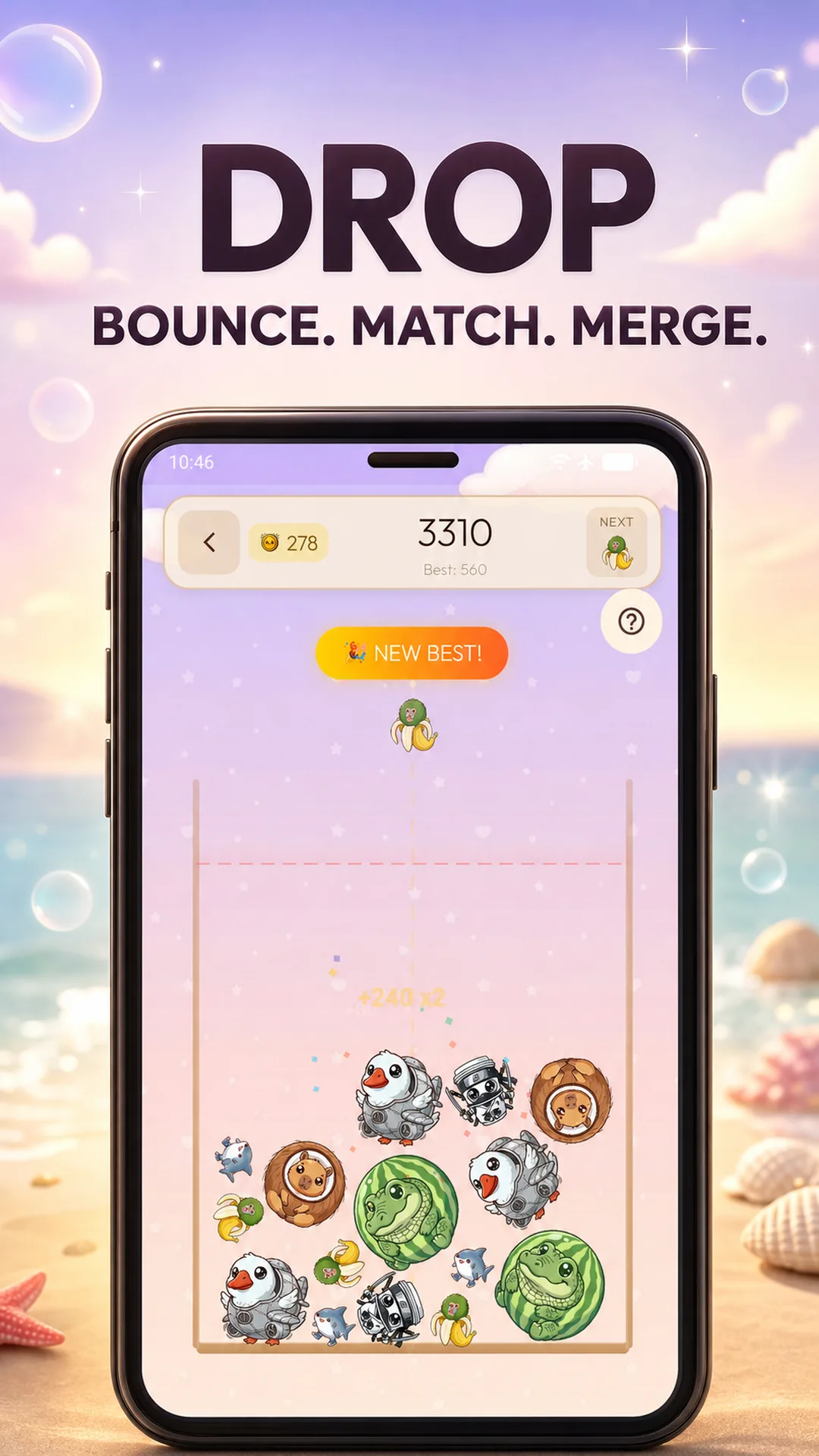 Meme Merge Classic mode showing a crowded physics pile and a chain reaction