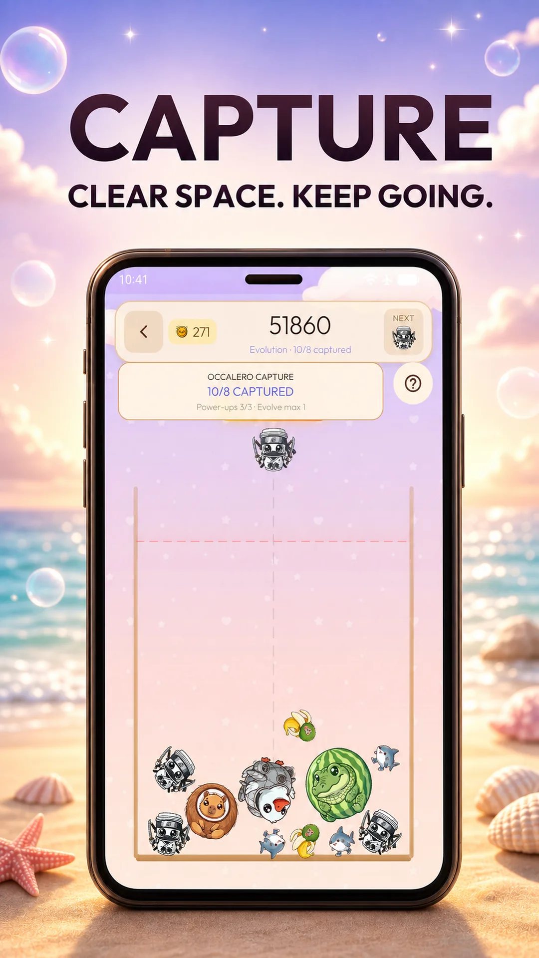 Meme Merge Evolution mode showing the active capture target above the game board