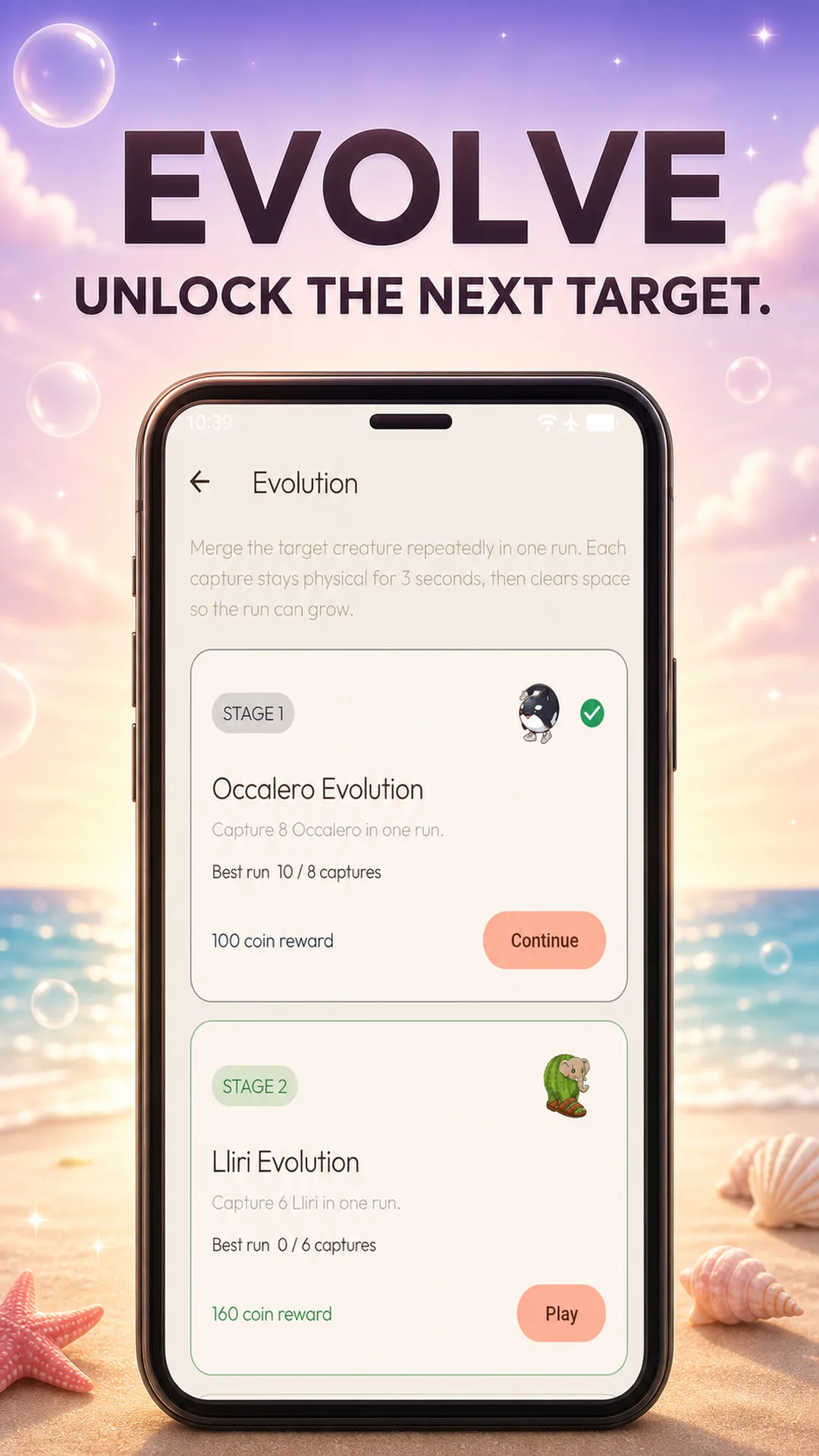 Meme Merge Evolution path showing completed captures and the next unlocked target