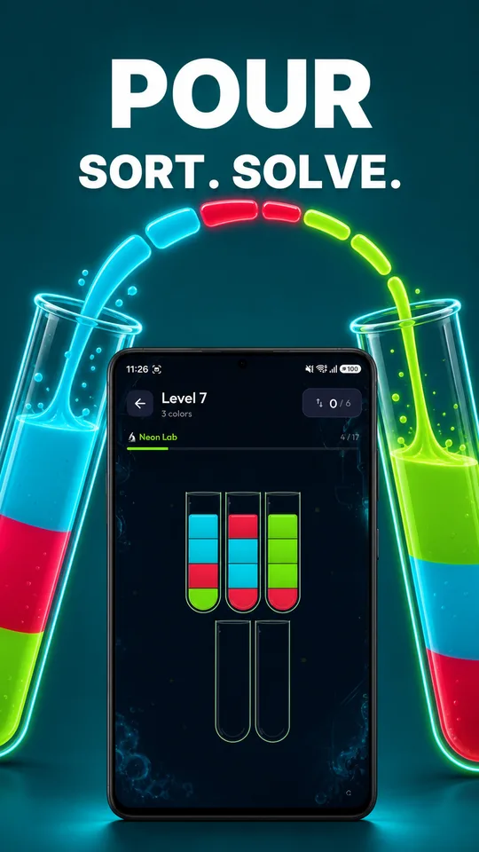 SpillD tube puzzle with layered colors ready to pour and sort.