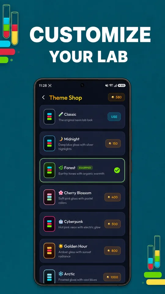 SpillD customization screen with tube, sound, music, and haptic options.